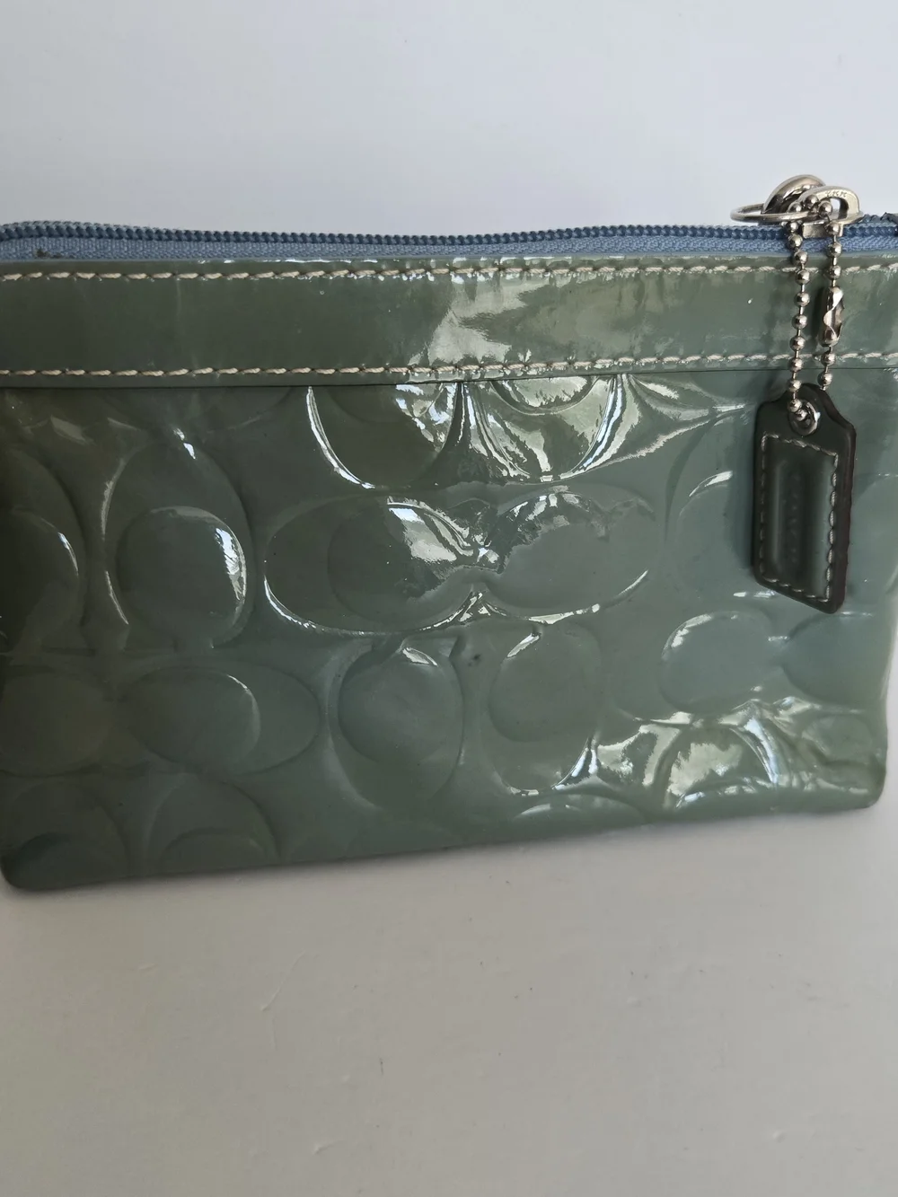 Vtg COACH Y2K Patent Leather Green/Blue Wristlet 7